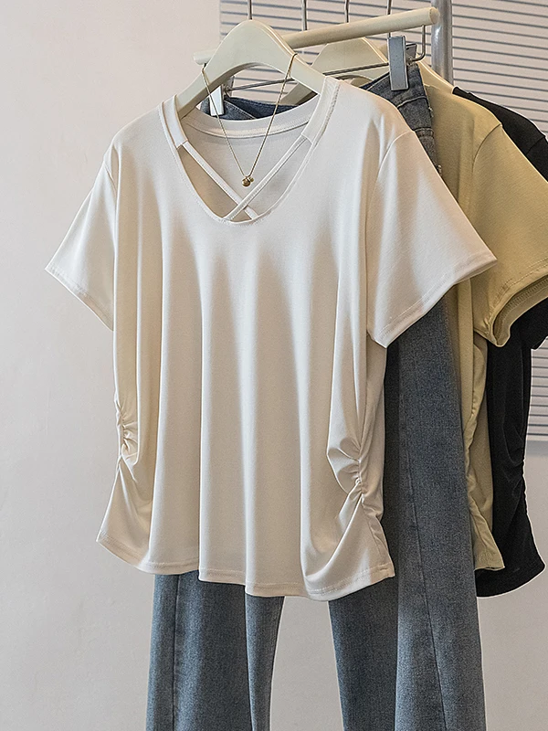 Slimming Design Sense Pleated Short Sleeve T-Shirt Women's Summer New Style Large Size Fat MM Cross V-neck Base Shirt