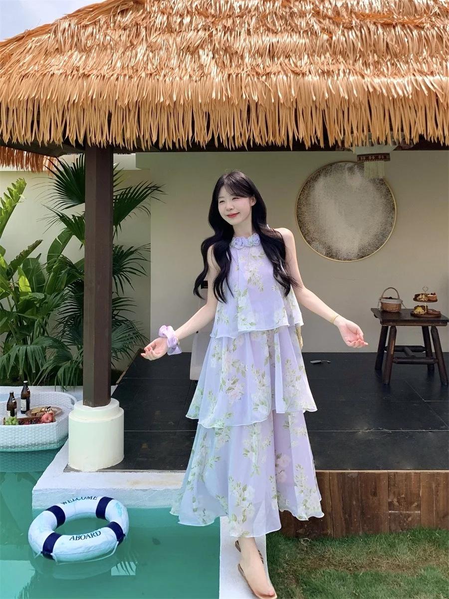 

Elegant Purple Floral Print Loose Neckline Summer Dress Women's A-Line Skirt Slimming Beautiful Dress Casual City Walk