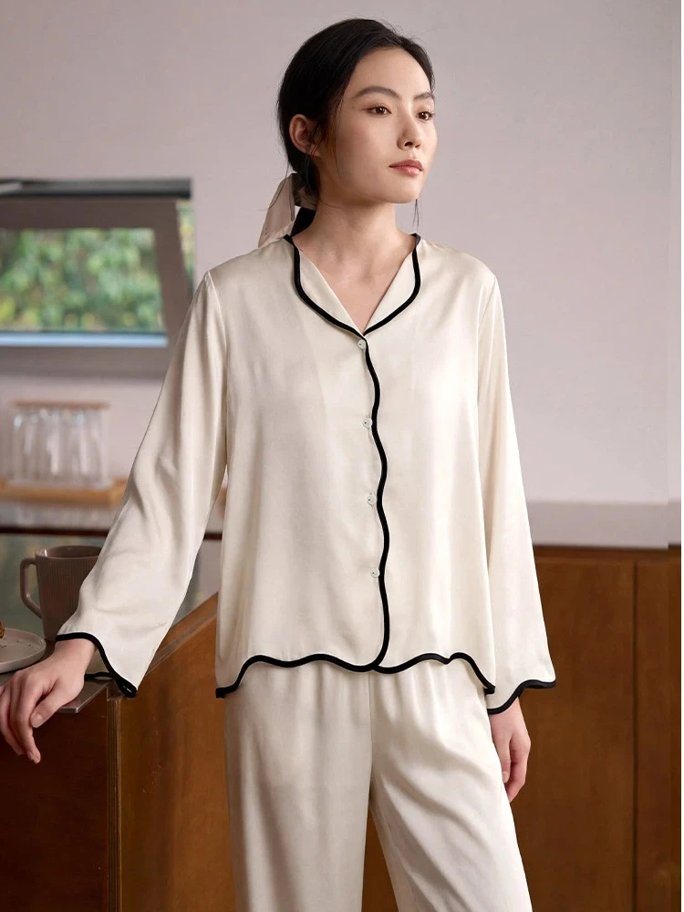 

100% Mulberry Silk Pajamas Women Long Sleeve Cardigan & Trouers Pajamas Two Piece Solid Homewear Casual Breathable Sleepwear PJs