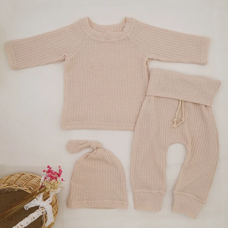 Waffle Infant Baby Boys Girls Outfits Long Sleeves Sweatshirt + Pants Set Clothes with Baby Hats for Autumn Winter Fall Clothes