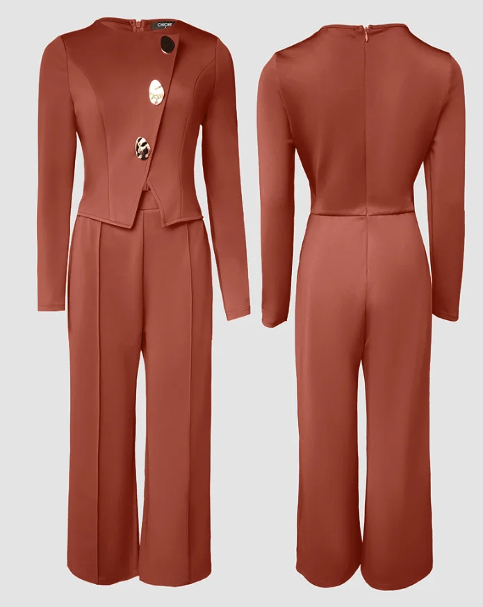 الذهب غير النظامية زر الصليب تصميم عالية الخصر مستقيم الساق بذلة الخريف المرأة بلون بسيط التنقل بذلة