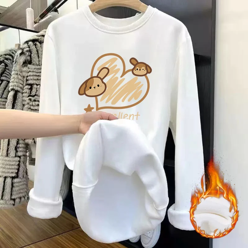 Women's White Fleece Lined Long Sleeve Base Layer Shirt mid Length T-Shirt for Autumn Winter plus Size Cover Butt Top