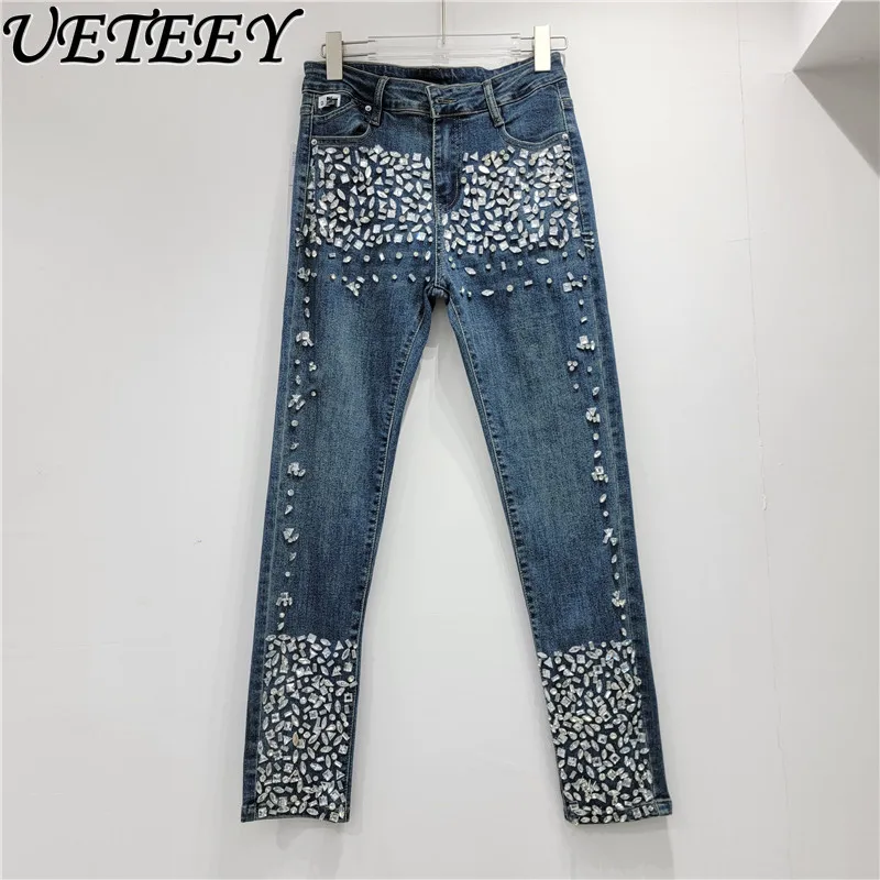 Diamond Jeans Women New Autumn Rhinestone Slim Fit Heavy Industry Manual Beaded Cotton Stretch Skinny Denim Pants Lady Trousers