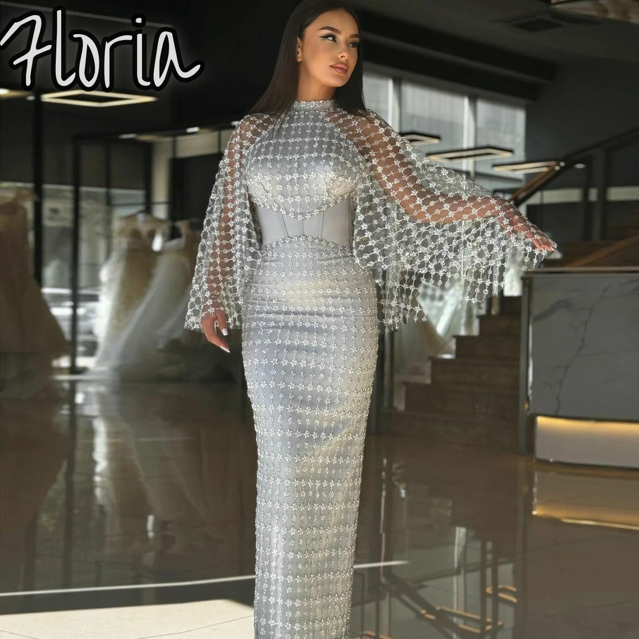 

2024 Simple Muslim Arabic Cap Sleeves Mermaid Evening Dresses Sliver High Neck Corset Beaded Wedding Party Gowns Ankle-length