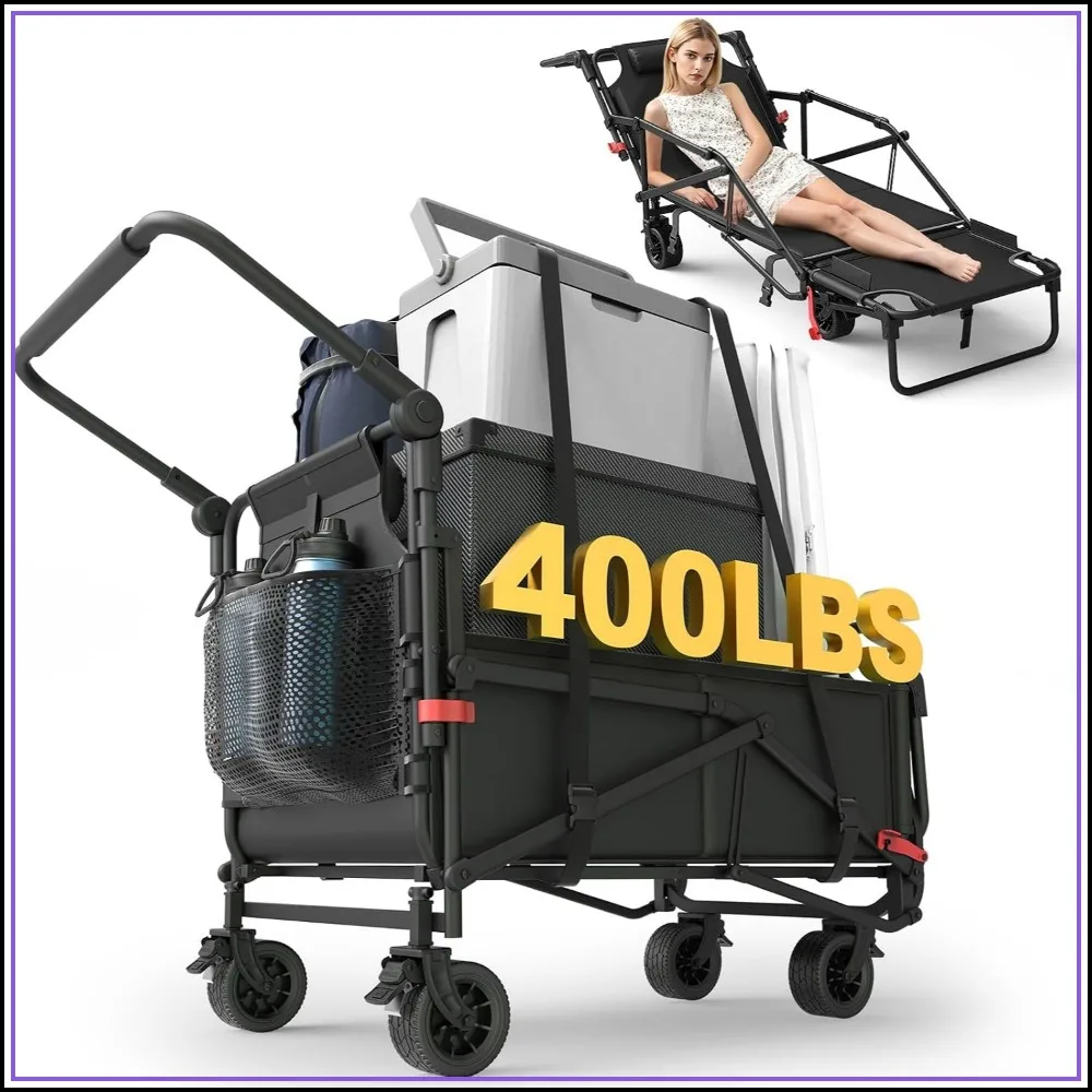 400lb Capacity Folding Wagon 2-in-1 Collapsible, All-Terrain Wheels with Brakes & Side Pockets