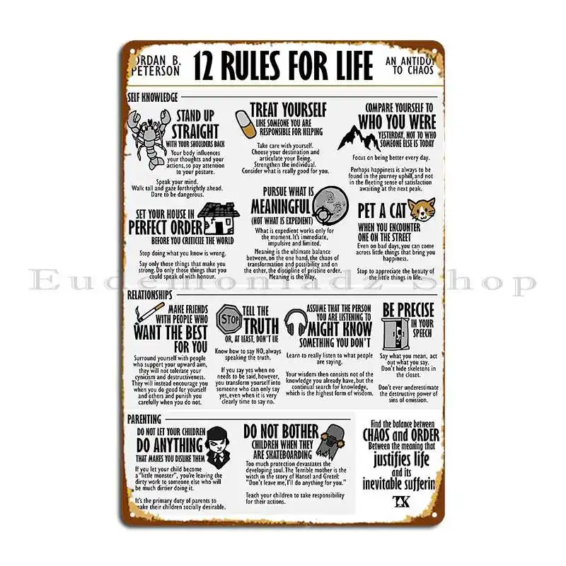 12 Rules For Life Visual Book Jordan B Peterson Metal Sign Classic Retro Living Room Printed Club Party Tin Sign Poster