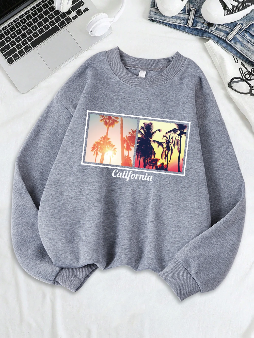 كاليفورنيا شجرة جوز الهند يطبع بلوزات النساء الشتاء الصوف الدافئة هوديي Crewneck فضفاض البلوز أساسيات ملابس امرأة عادية #1