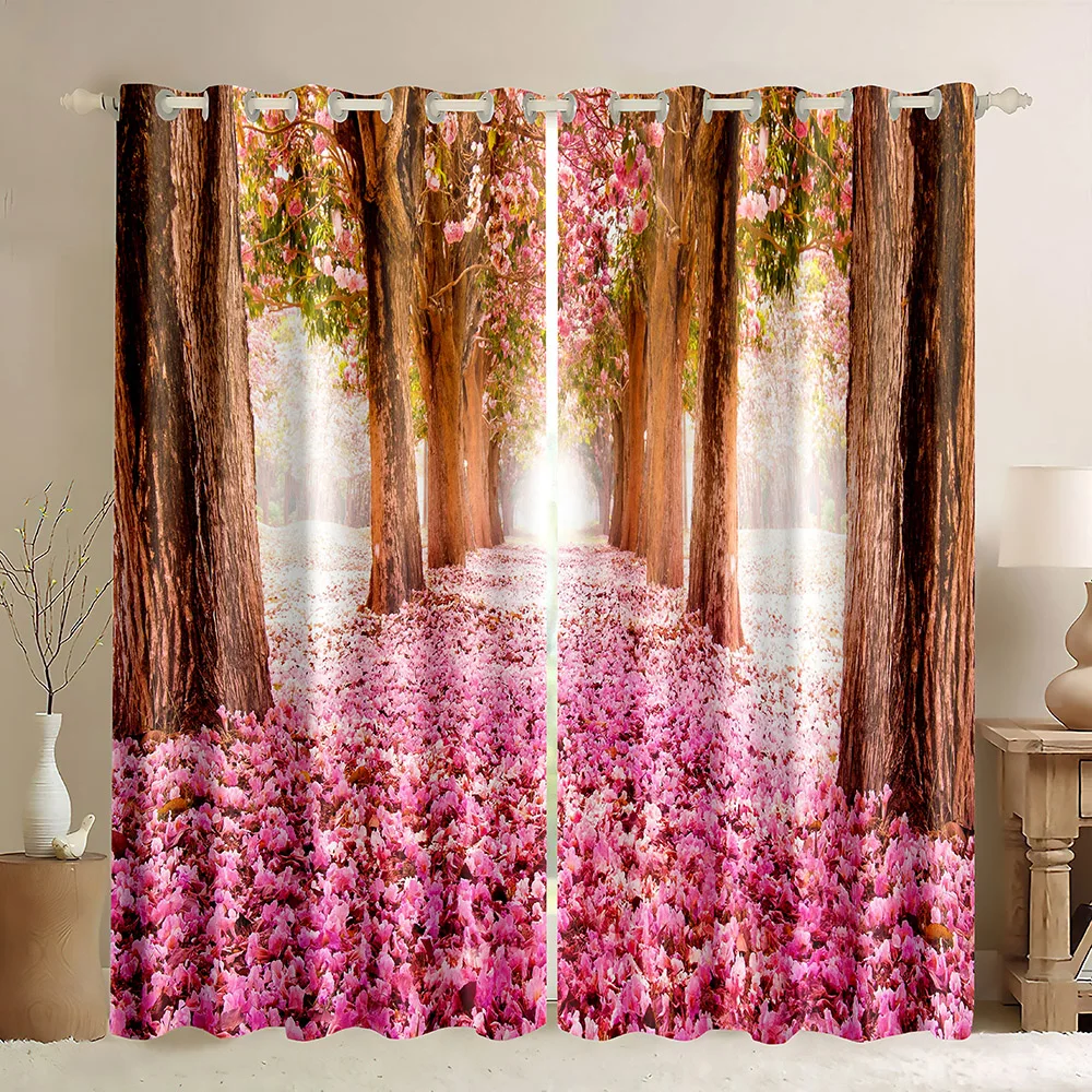 Flowering Forest Window Blackout Curtains,Sunny Forest with Pink Flower Enchanting Wildflowers Blossoms Landscape Scenery