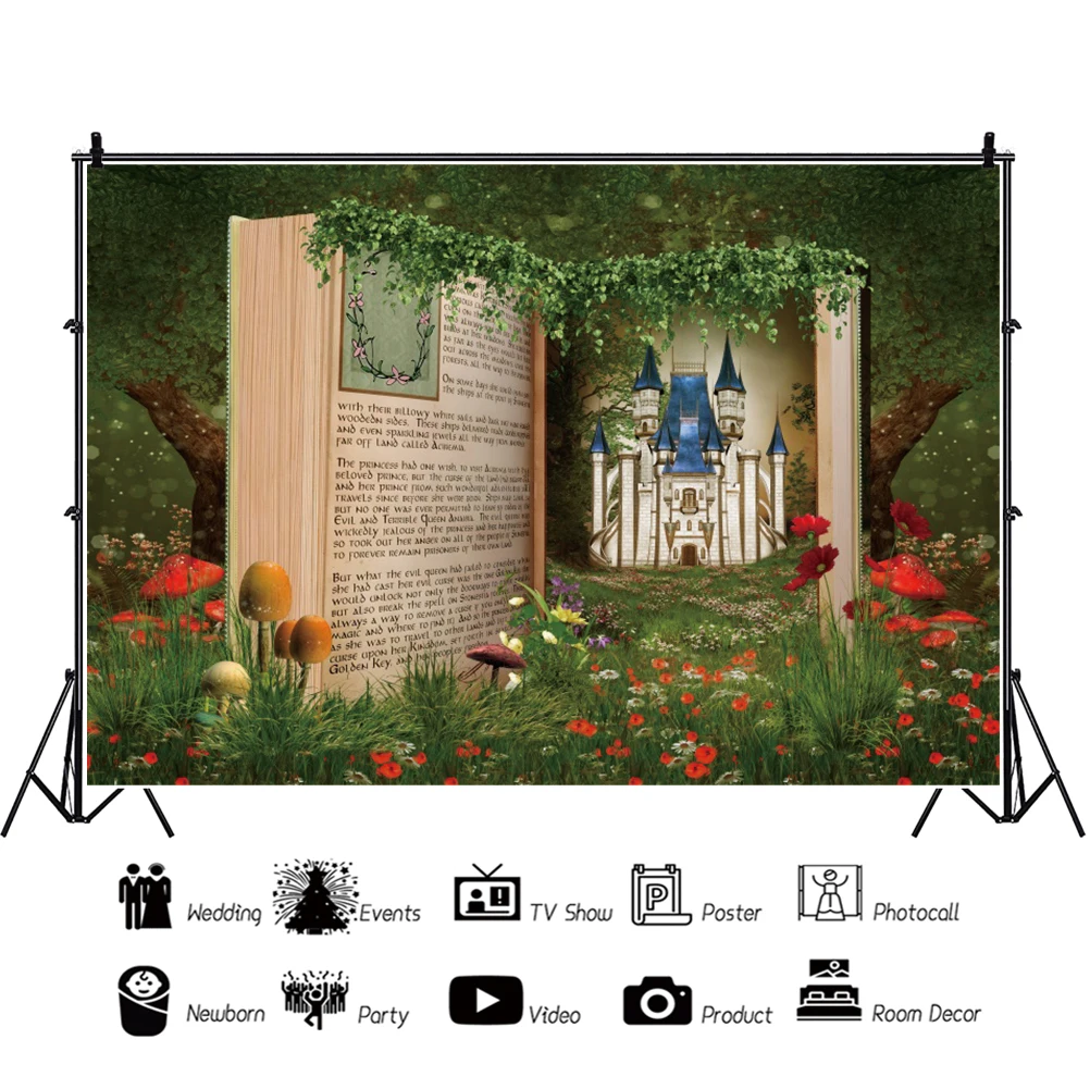 Laeacco Fairy Tale Book Photo Backdrop Enchanted Forest Flower Castle Girls Birthday Baby Shower Portrait Photography Background