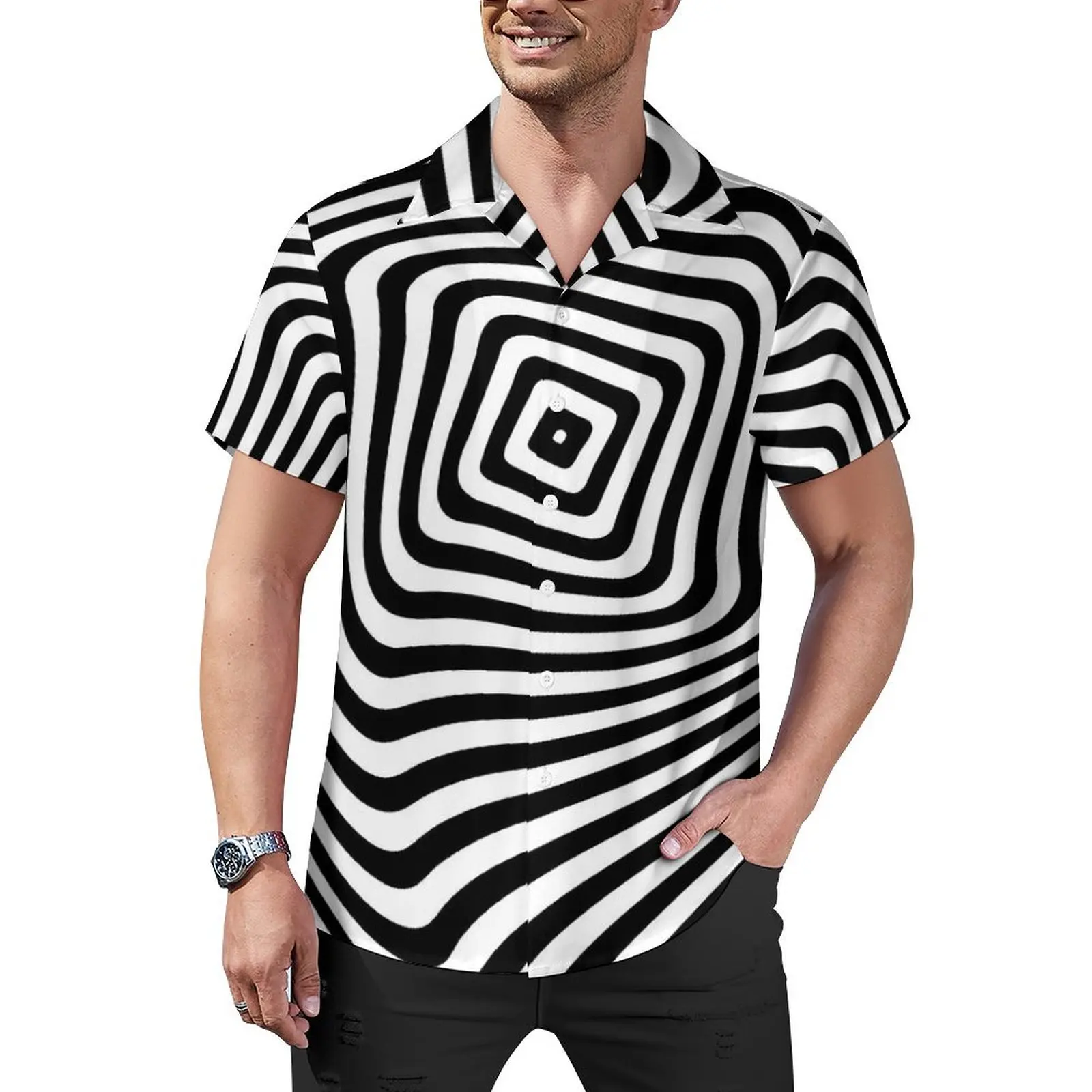 

Black And White Striped Hawaiian Shirt For Male Vacation Optical Art Casual Shirts Short Sleeve Design Novelty Oversize Blouses