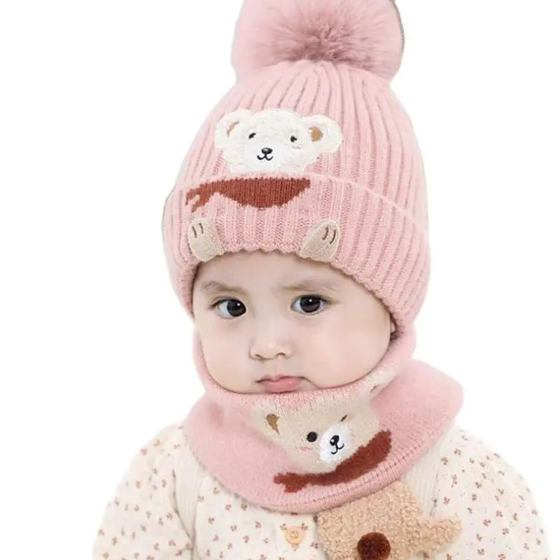 Doitbest Baby Kids Beanie Sets Cute Cartoon Bear 2 pcs 2022 Boys Girls Winter Villus Hat Scarf Set Age for 1 to 4 Years old Kid