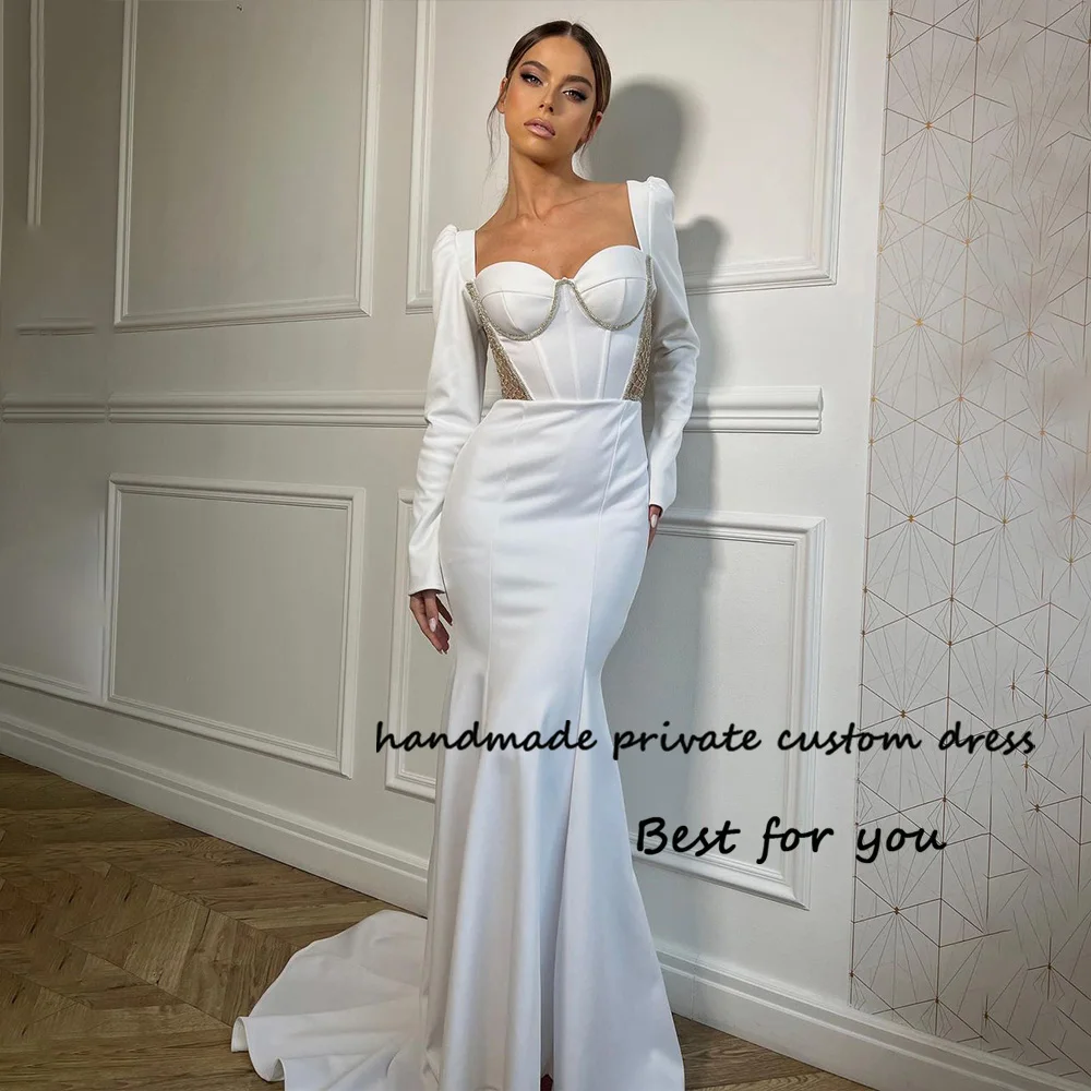 

White Mermaid Wedding Dresses Long Sleeve Sweetheart Pleats Satin Bridal Gowns with Train Israel Beach Wedding Gowns