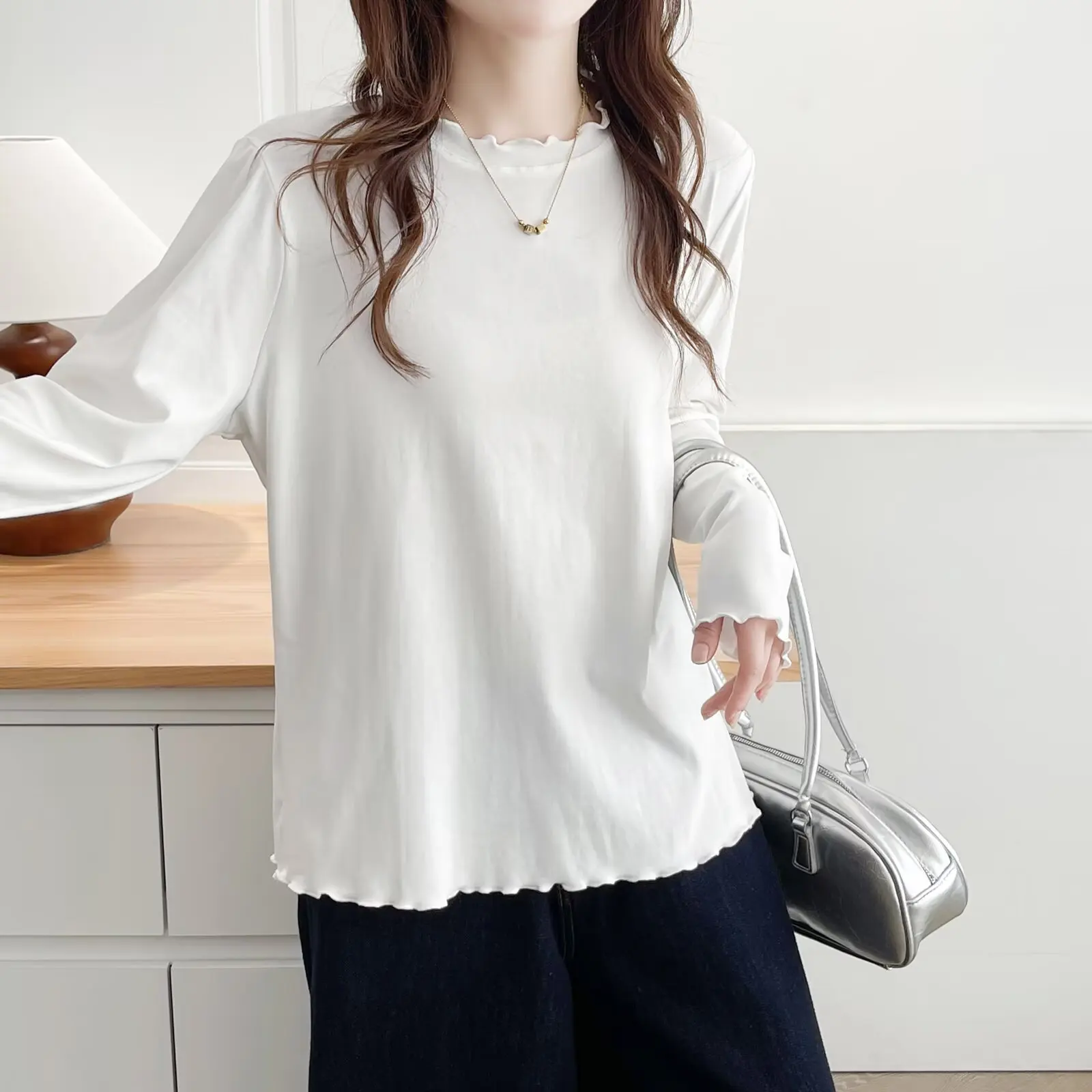

Plus Size Women's T-Shirt New Autumn Style Simple Lace Long Sleeved Basic Tops Casual Ruffled Collar Tees 682