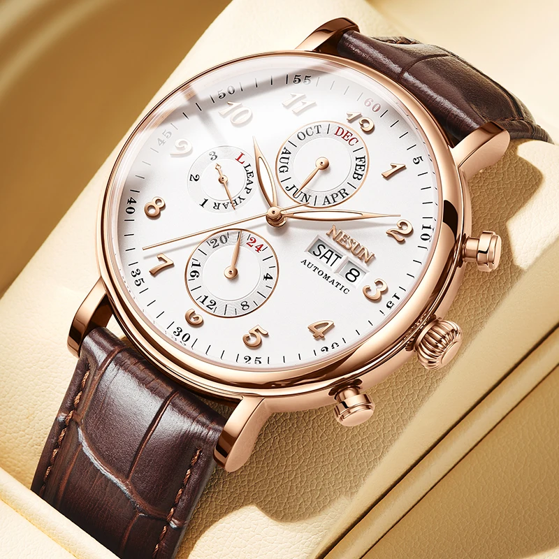 NESUN automatic mechanical watch for men, multi-functional mechanical watch, skeleton men's watch, gentleman's wristwatch