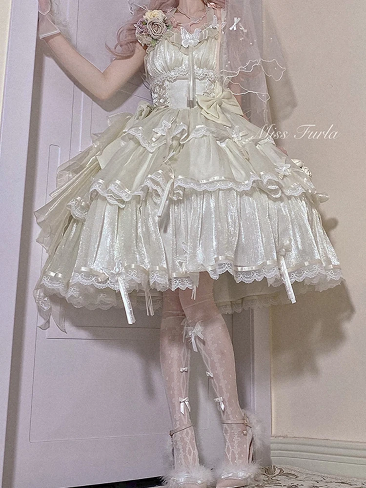 Sweet Lolita Kant Splitsen Korte Mouw Jarretel Prinses Jurken Meisjes Hoge Taille Mode Veelzijdige Leeftijdsreductie Taart Jurk