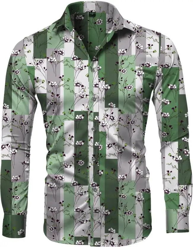 Fashion Irregular Plaid Flower Print Men\'s Long Sleeve Shirt Casual Party Street Hawaiian Polo Collar Shirt