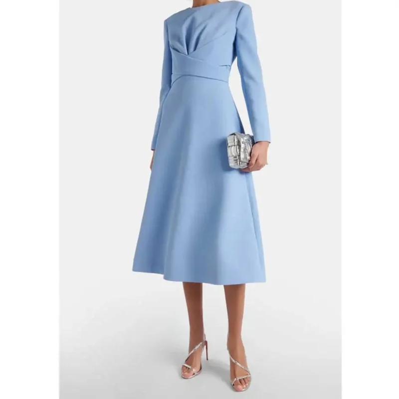 2024 Elegant Sky Blue Long Sleeve Formal Prom Special Occasion Party Mom Dress Evening Dress Women's Wedding Arabic Crepe