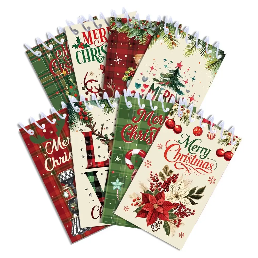 สมุดโน้ตแบบสันห่วงลายคริสต์มาส 8 เล่ม ขนาดมินิ ดีไซน์เกลียว หลายแบบ ลายซานตาคลอส ของขวัญปีใหม่