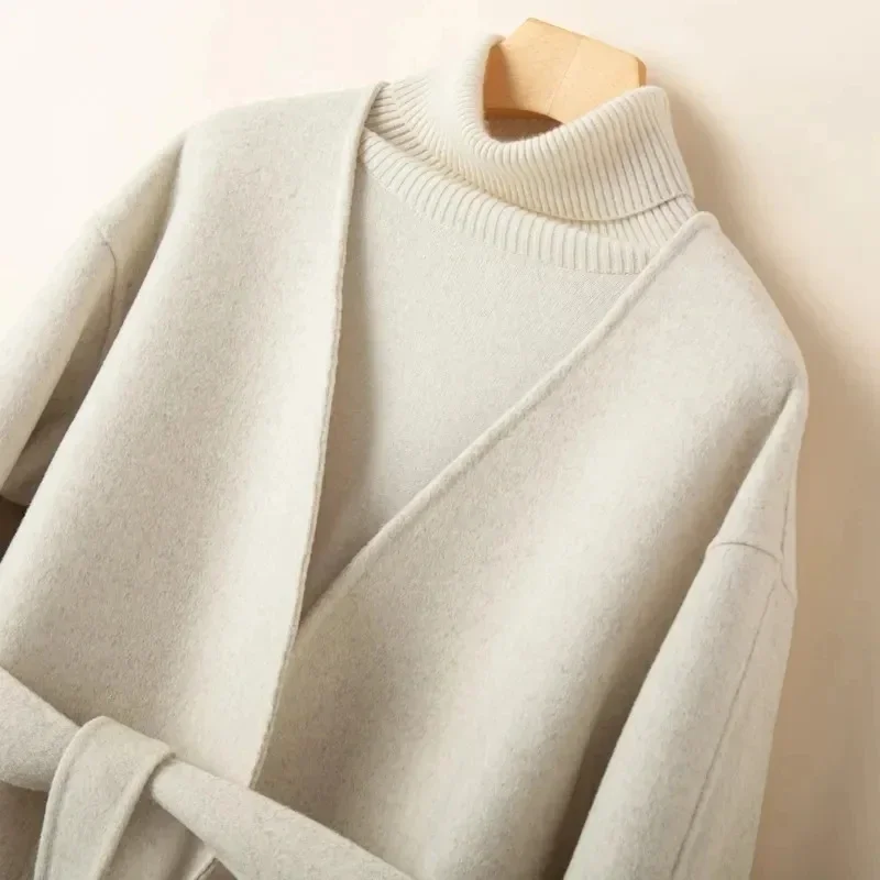 Coats Cardigan Autumn Winter Clothes Korean Style Double-sided Wool Coat Women Short V-Neck Small High-End Handmade Woolen Belt