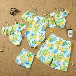 Família combinando maiôs de abacaxi, mãe e filha swimwear, shorts de uma peça, shorts babados, mamãe e eu roupas, pai e filho, 2024