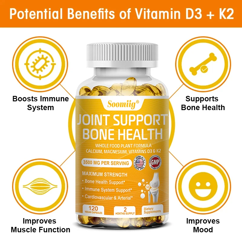 Suplemento de vitamina K2 + D3 - Apoia a saúde das articulações, dos ossos, do coração e imunológico, promove a absorção de cálcio - 120 cápsulas