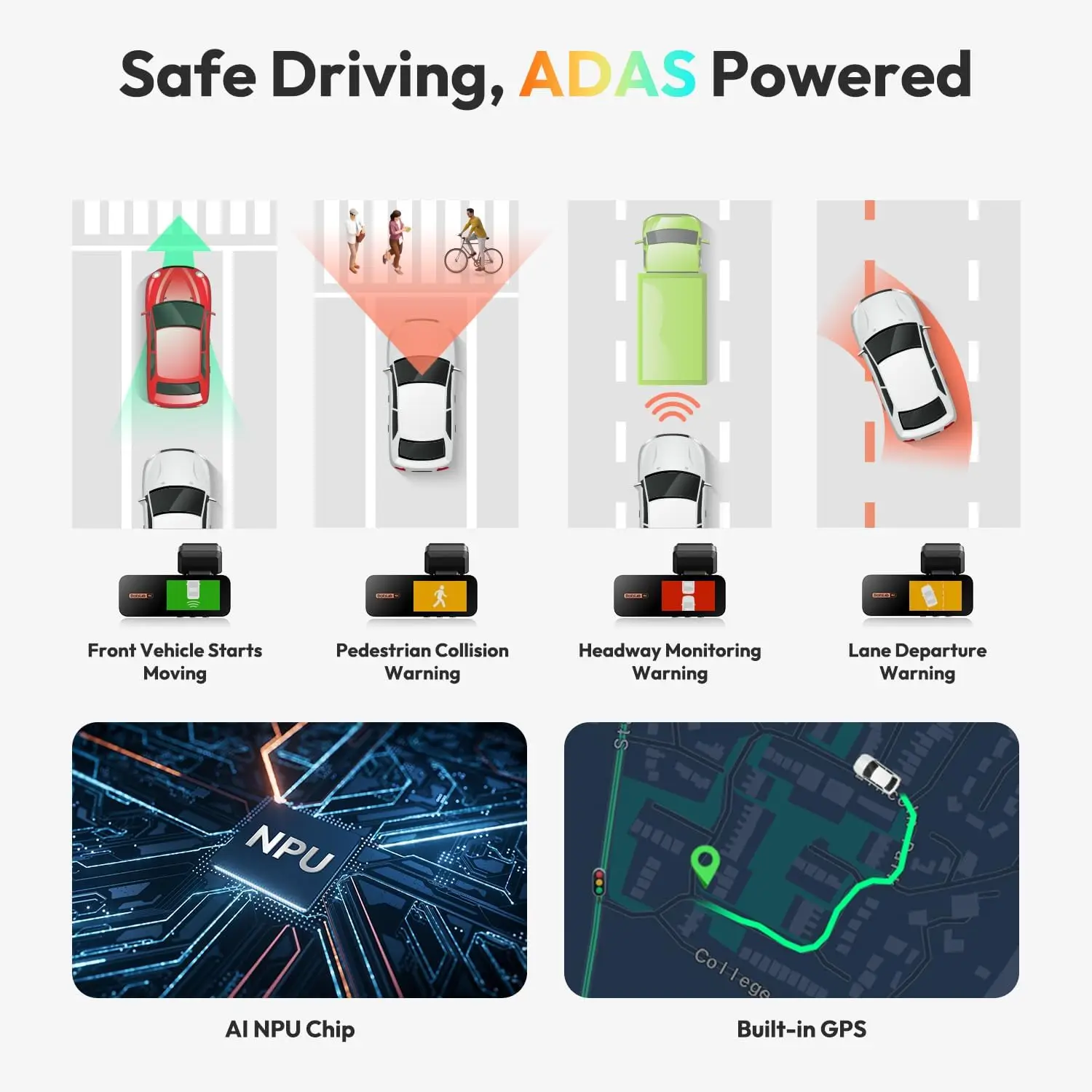 4K Front and Rear Dash Cam with ADAS, Night Vision, Parking Mode, WiFi GPS, Free 64GB SD Card