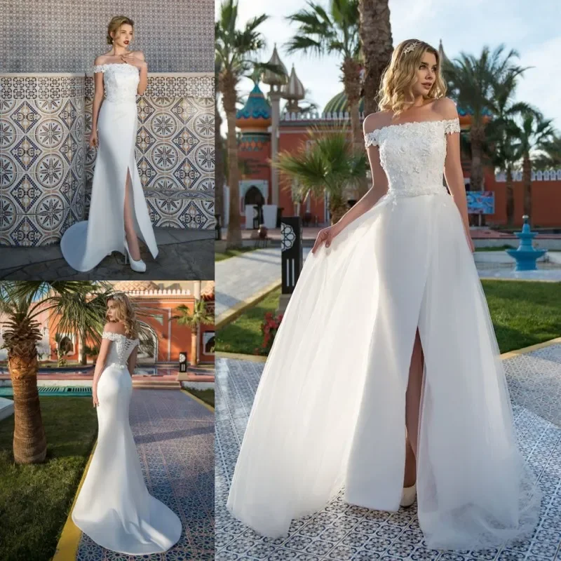 

Sexy fashion one-shoulder mermaid wedding dress with detachable train decal side split plus size robe Mary Custom bridal dress