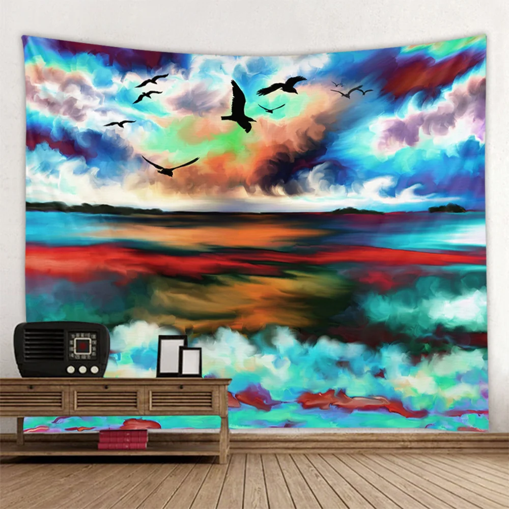 Bohemian Dreamy Sea Pirate Ship Oil Painting Tapestry Wall Hanging Cloth - Sofa Bed Decor Carpet Artistic Home Aesthetics