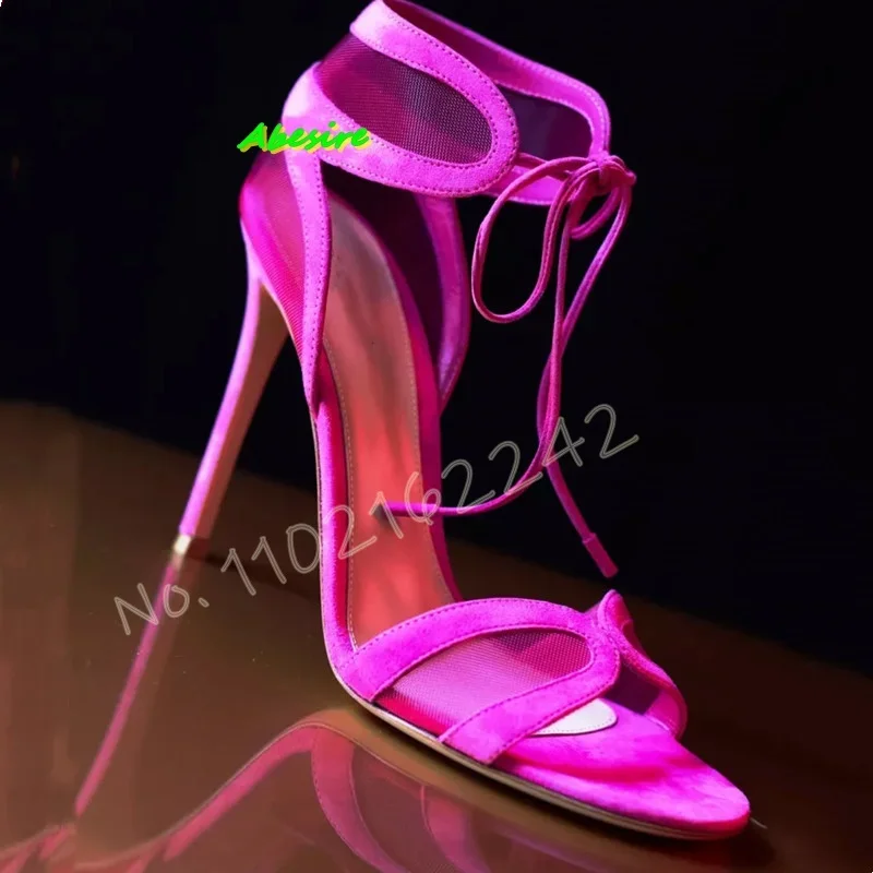 

Rose Red Hollow Mesh High Heels Round Toe Stiletto Lace-Up Sandals Summer Fashion Suede Elegant Party Luxury Dress Shoes Ladies
