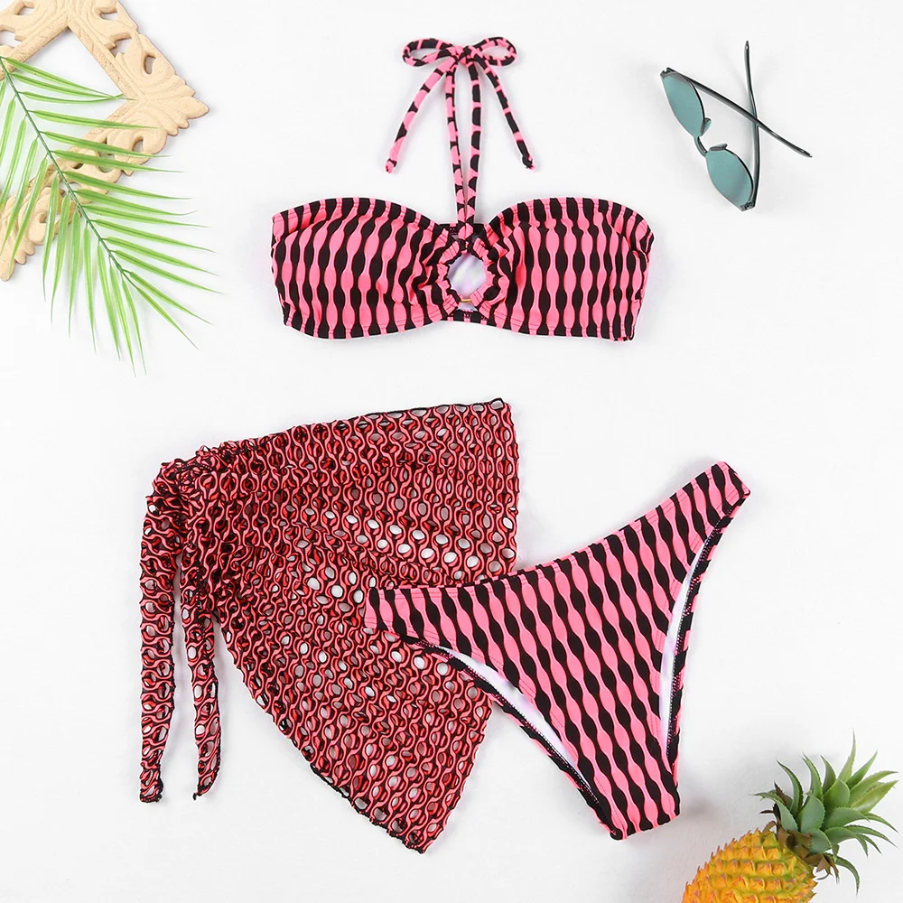 

Sexy Holes Beach Cover-Ups Mesh Bikini Skirt Micro String Bandeau Swimsuit Y2K Swimwear Women Trend Bathing Suits 3-Piece Outfit
