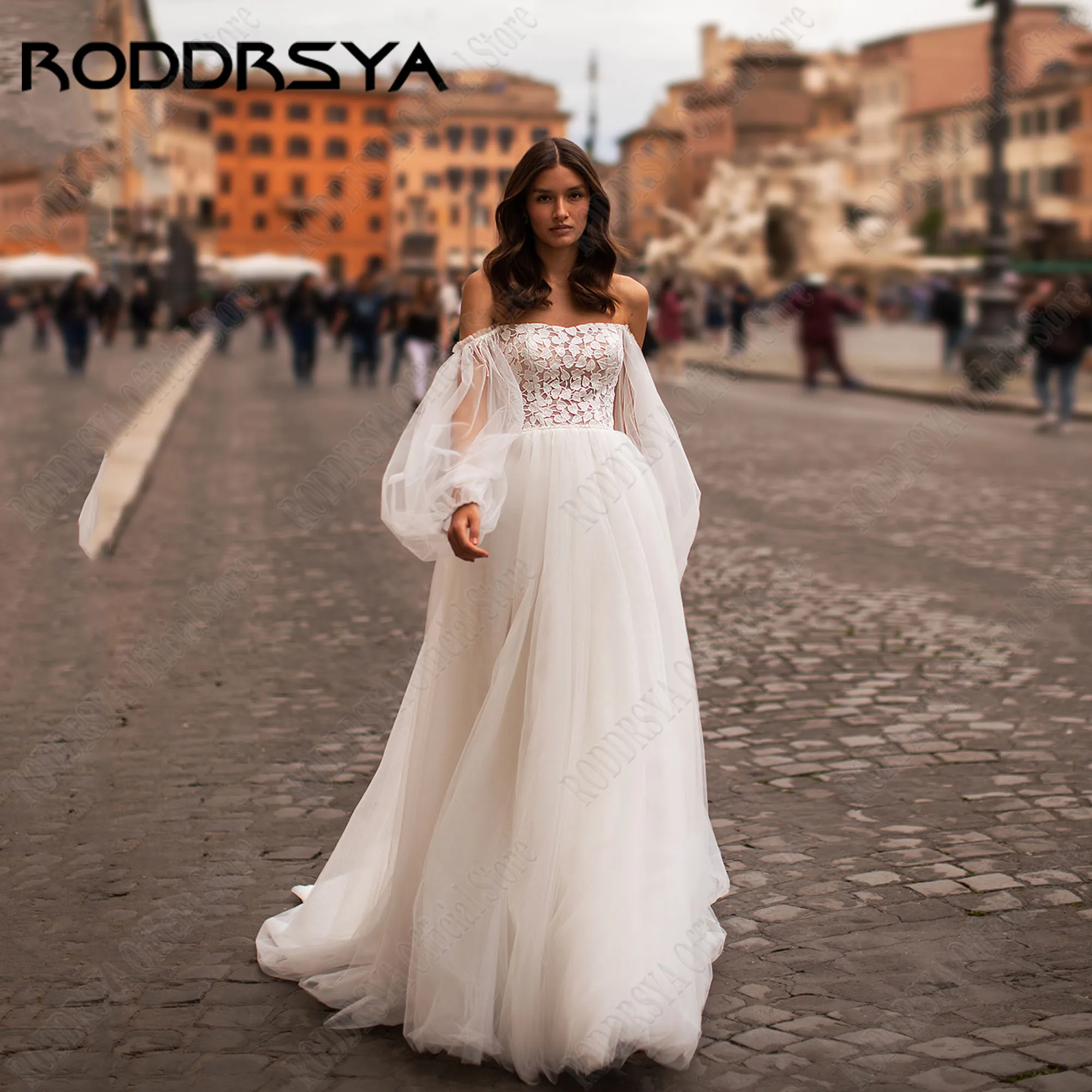 

RODDRSYA Elegant Strapless Wedding Dresses For Woman Puff Sleeves Applique Backless Bride Gowns A-Line Boho Vestidos De Novia