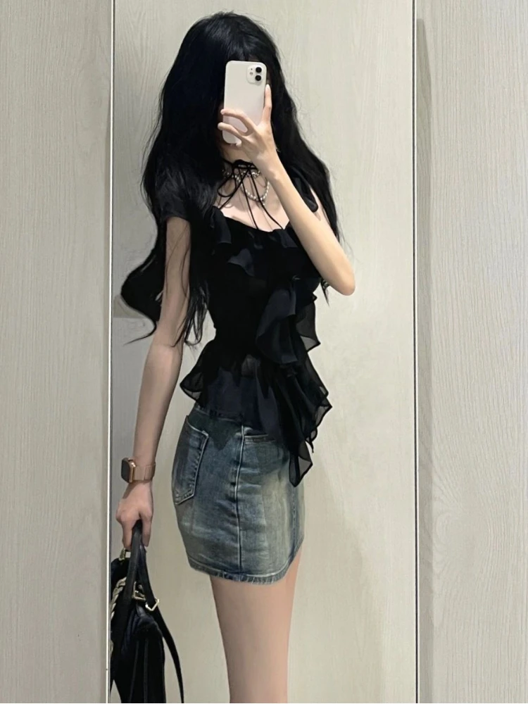 2024 Summer Slim Retro 2 Piece Sets Women Lace Up Y2k Design Blouse + Blue Chic High Waist Denim Skirt Female Korea Style Sets