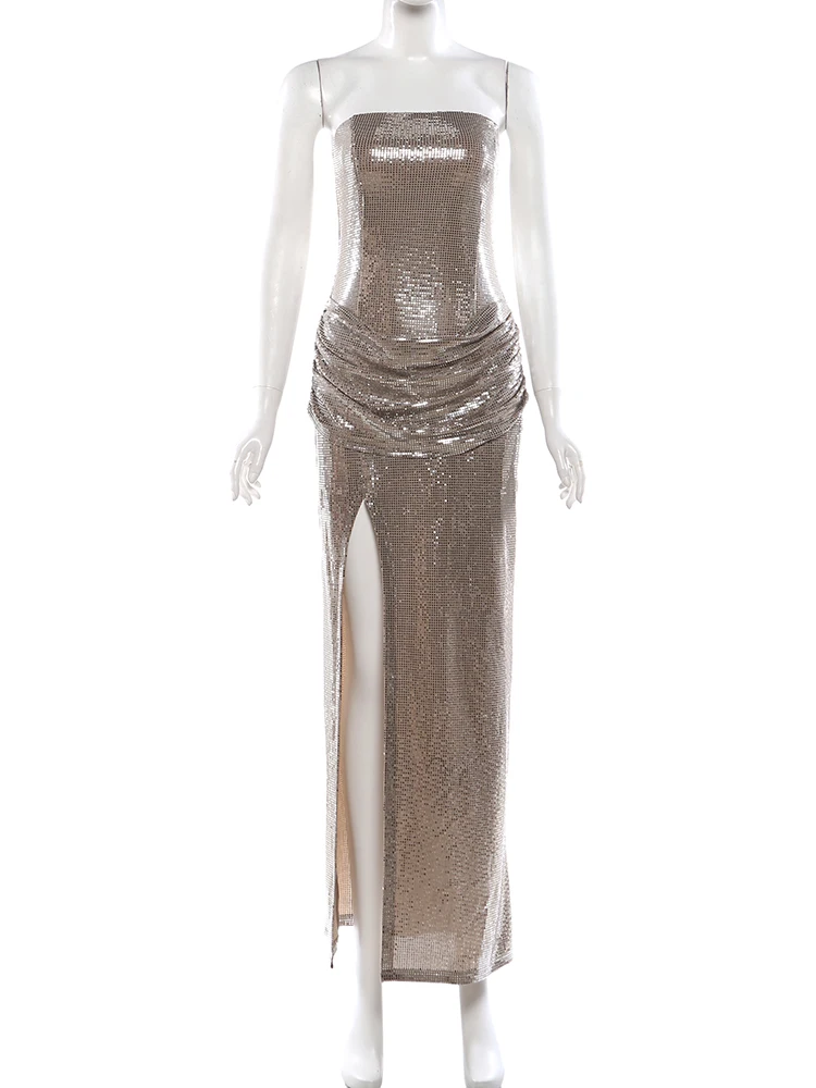 Weird Puss Sexy Gown Dress Women Strapless Sequins Ruched Elegant Peach Hip Classic Evening Dating Stretch Skinny Split Bodycon view 6