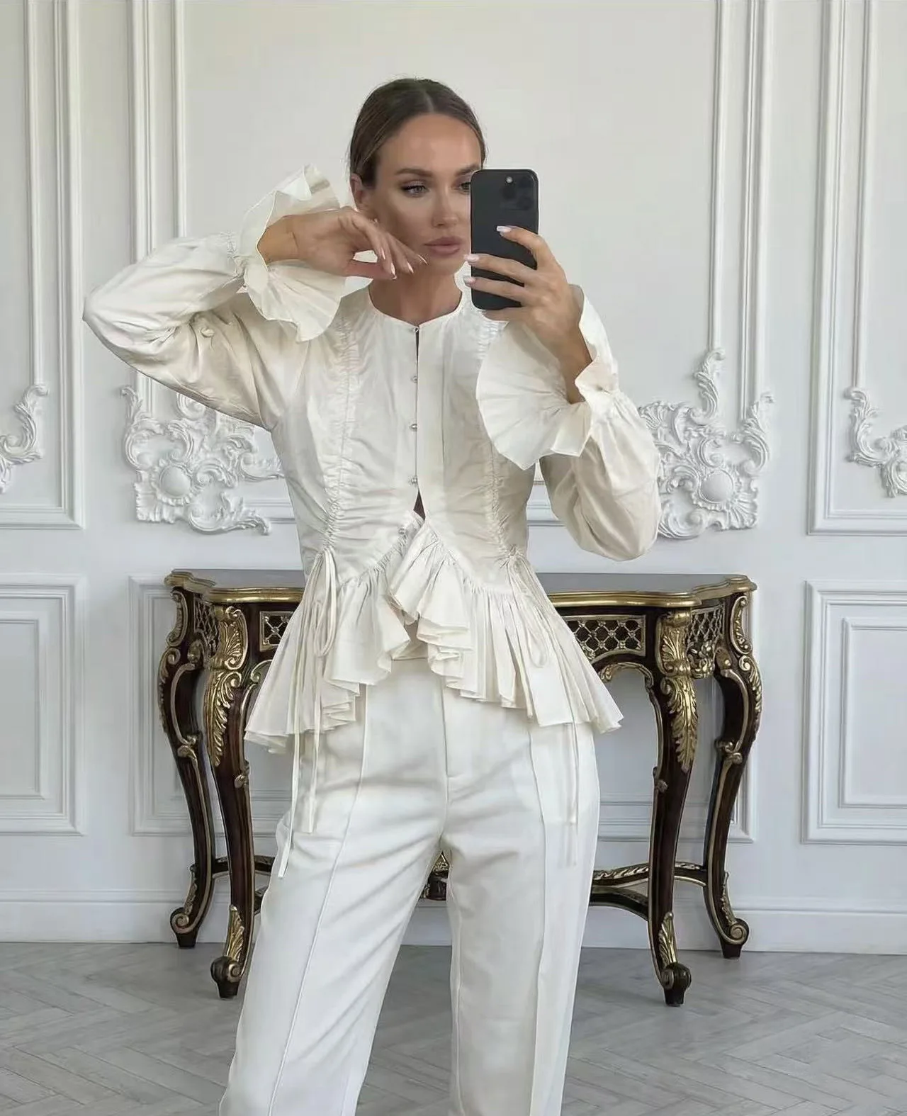 Elegant Chic Lace Puff Sleeve Blouse Women Vintage Courtly O Neck Buttons Ruffles Drawstring Shirt Fashion Street Cropped Tops