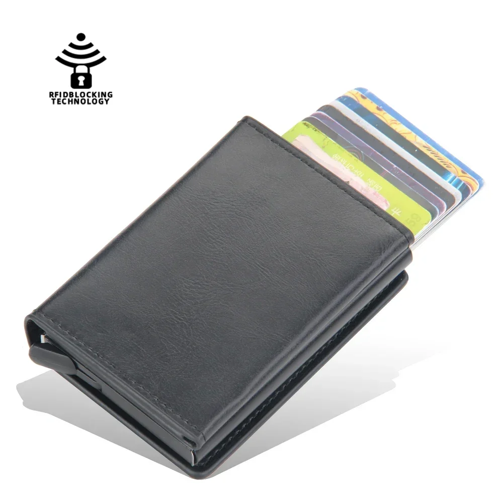 محفظة صغيرة منبثقة حامل بطاقة حافظة مغناطيسية RFID حجب حامل بطاقة الائتمان الرجال محافظ مضادة للسرقة الألومنيوم معدن بولي Leather الجلود #3
