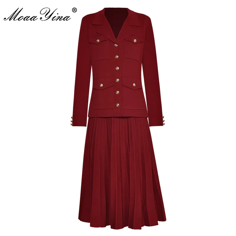 MoaaYina Fashion Designer Autumn Winter Red Knit Skirts Suit Women Single -breasted Long -sleeved Shirts + Skirt Two Pieces Set