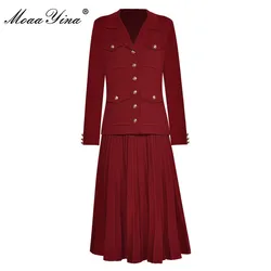 MoaaYina Fashion Designer Autumn Winter Red Knit Skirts Suit Women Single -breasted Long -sleeved Shirts + Skirt Two Pieces Set