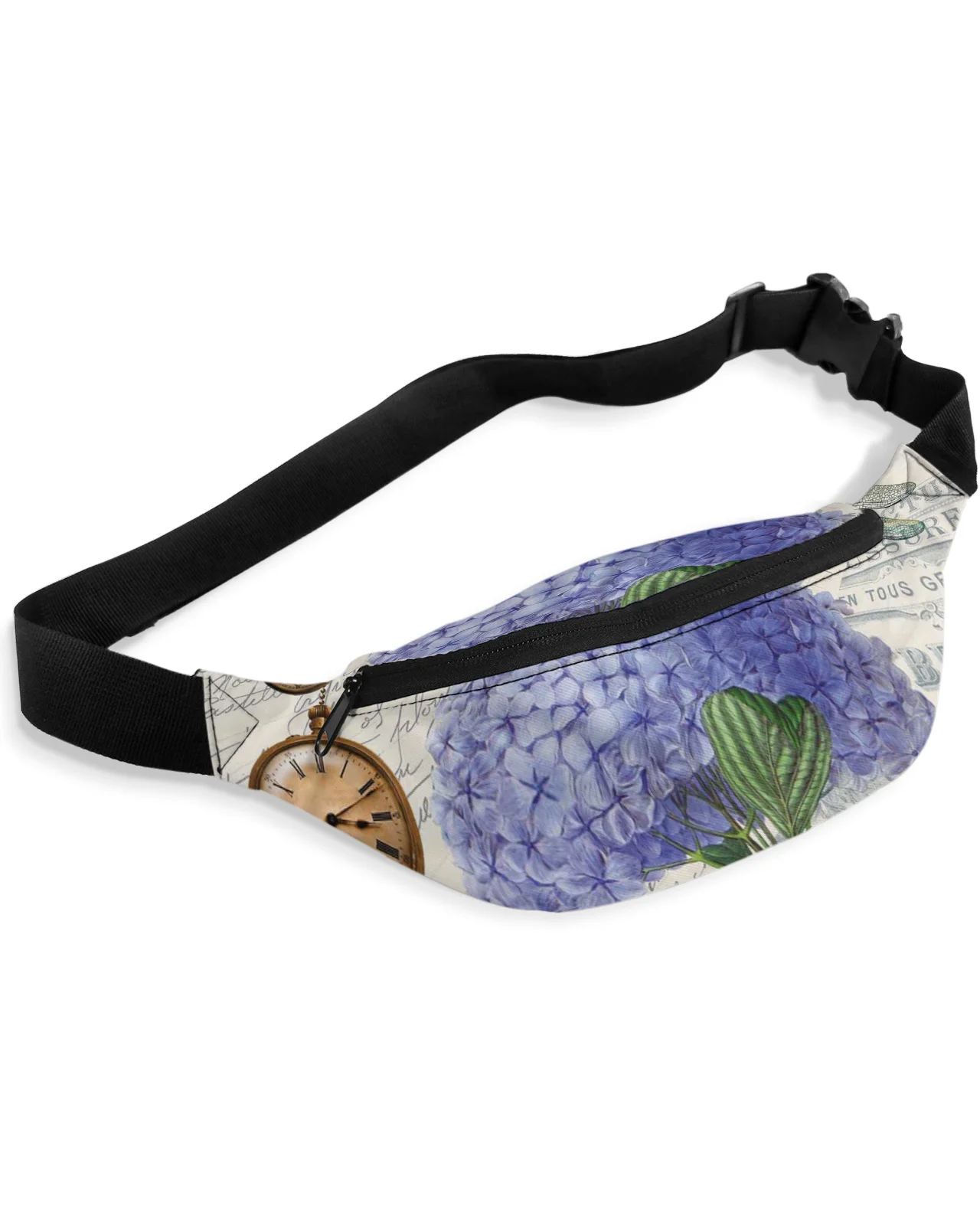 Purple Flower Dragonfly Vintage Clock Retro Waist Bag Women Men Belt Bags Large Capacity Waist Pack Unisex Crossbody Chest Bag