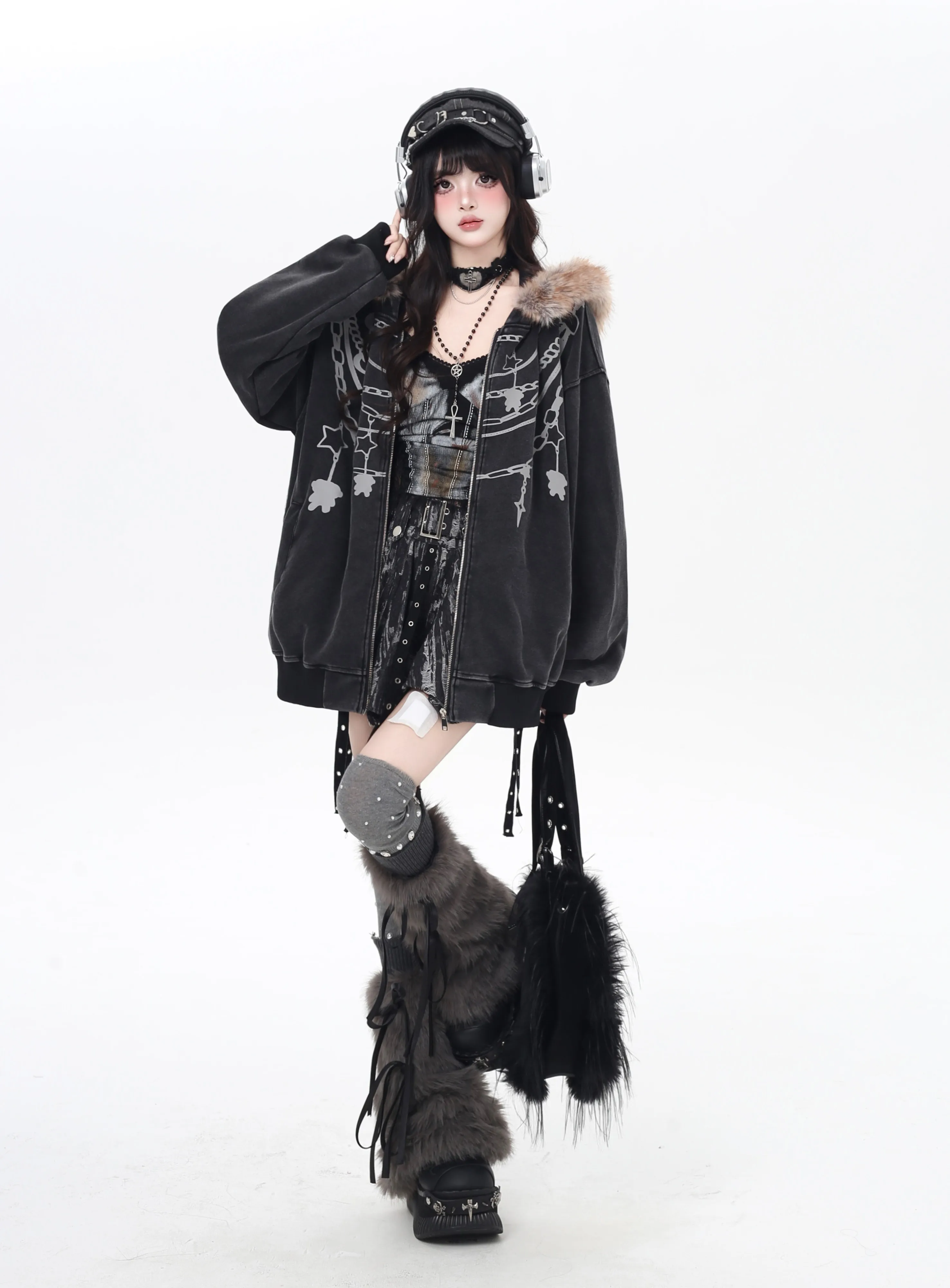 Style américain rétro mode rue vestes à capuche col de fourrure détachable imprimé ample polyvalent pulls décontractés femmes automne