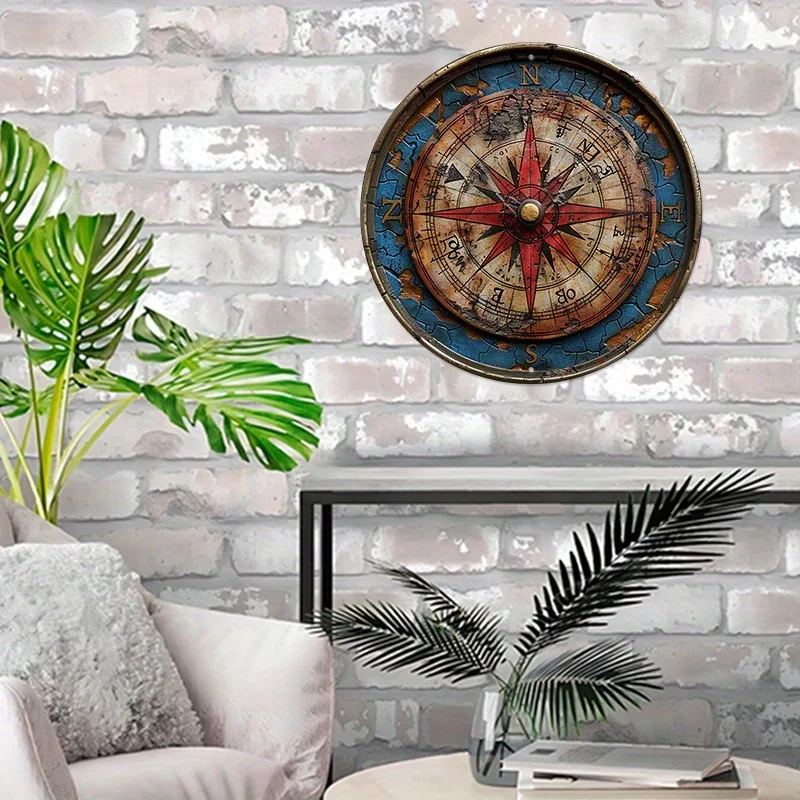 Vintage Compass Aluminum Wall Sign - 8x8 Inch Decorative Round Plaque, Pre-drilled, Weather-Resistant, HD Print - Ideal for Home