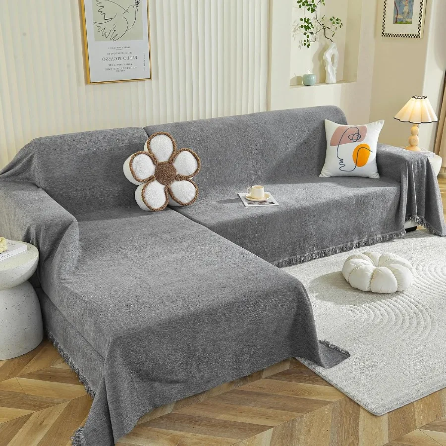 

Sectional Couch Covers 2 Pieces L Shaped Couch Cover Blanket in Chenille Fabric with Tassel Detail Washable and Durable Slipcov