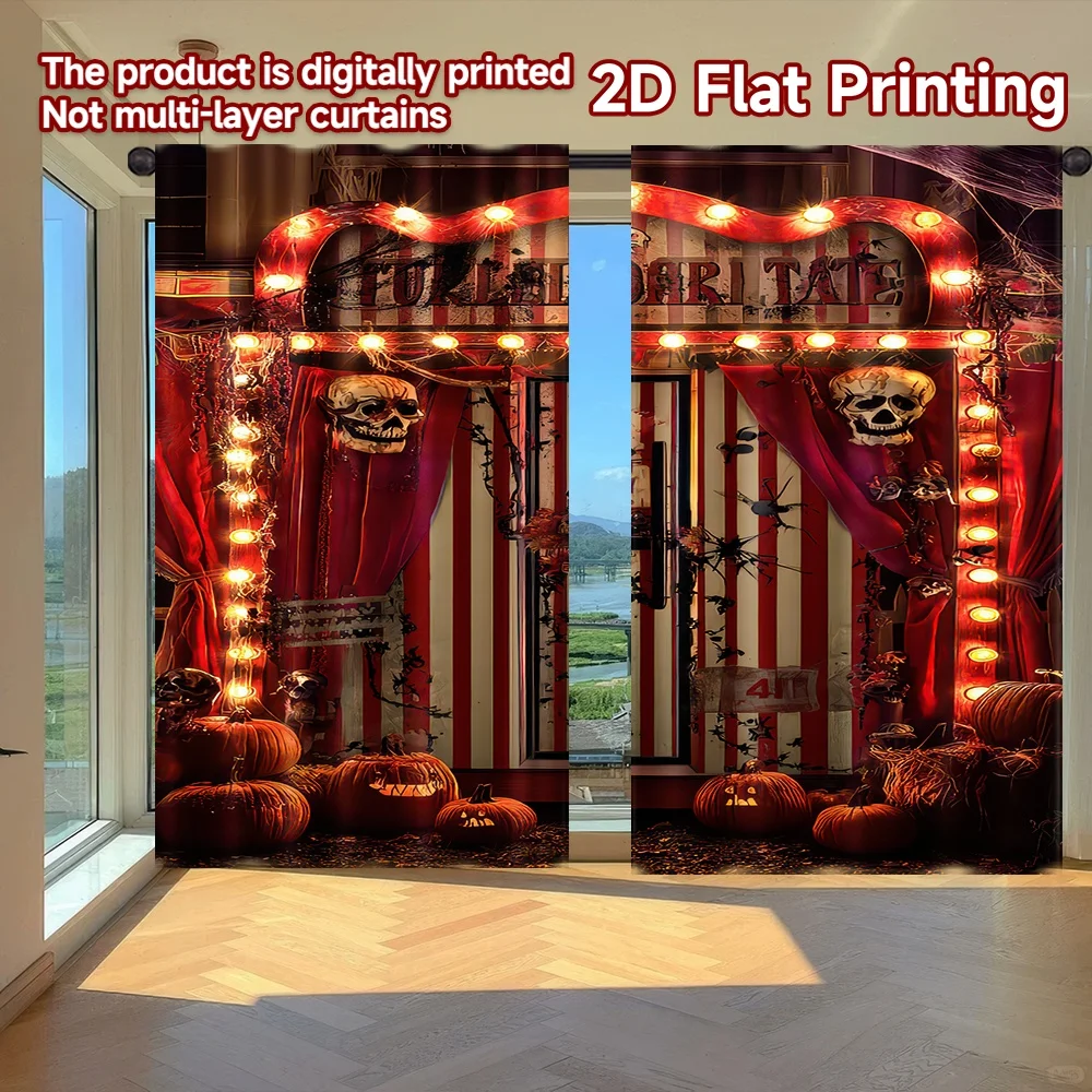 

2D flat printing 2pcs Window Curtains Halloween Spooky Carnival Digital Printed Polyester Drapes Birthday Party Use for Booths