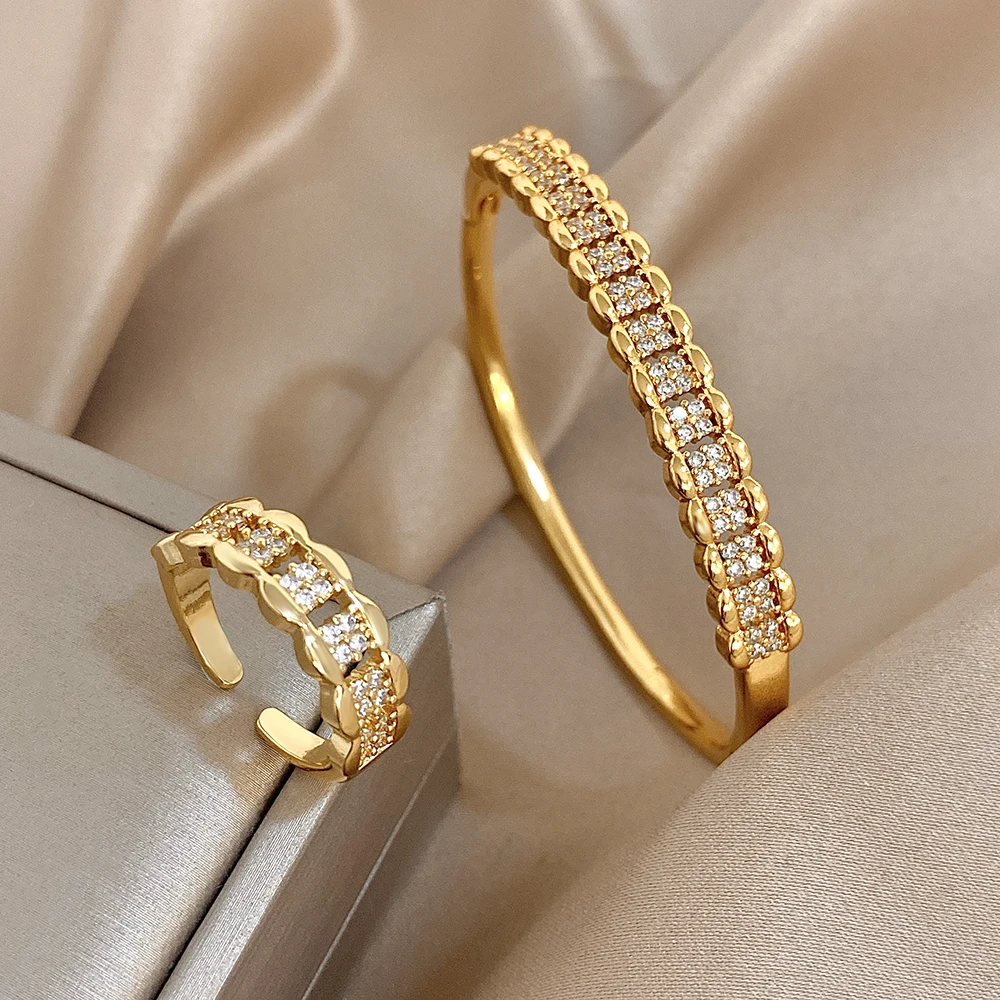 Greatera Colorfast Light Luxury Copper Plated Gold Zircon Bracelet Ring Combination Original Design High Quality Women's Jewelry