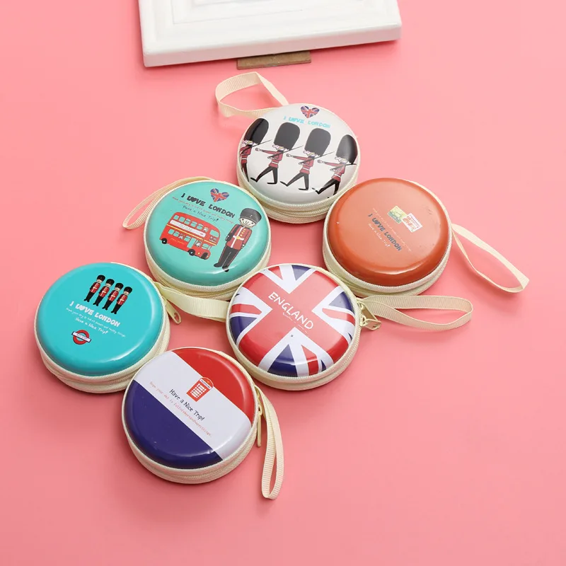 12 Pcs Creative Circular Tinplate Coin Purse, Cartoon Pencil Storage Box, Small  Earphones Line Mini Zipper Bag,Gift