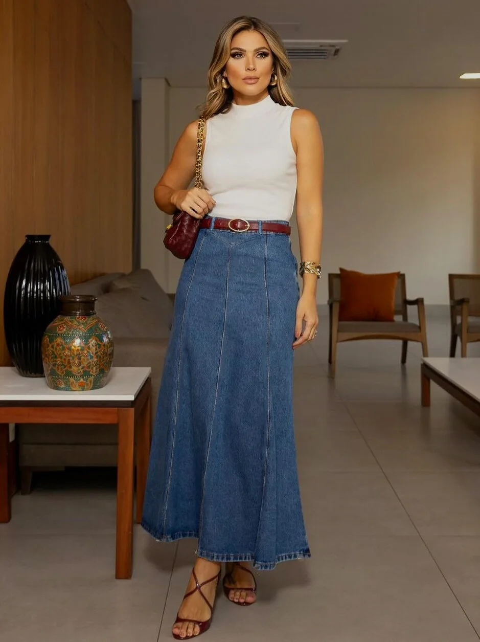 

Women's dark blue denim skirt high waist elastic American retro denim long skirt casual design flared skirt