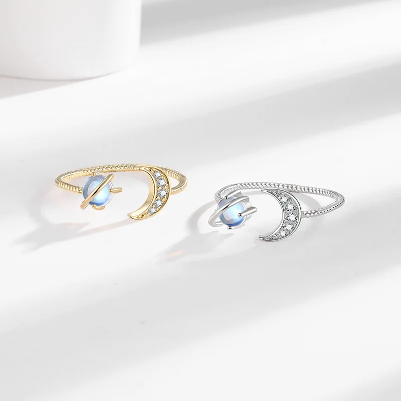 Dreamy Star and Moon Open Ring Zirconia Moonstone Adjustable Ring for Women Luxury High-End Stackable Jewelry Gift