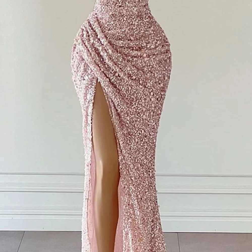 Sexy Pink Sequined High Split Evening Dresses Pleat Mermaid Strapless Sleeveless Ladies Party Banquet Custom Made Prom Gown Robe