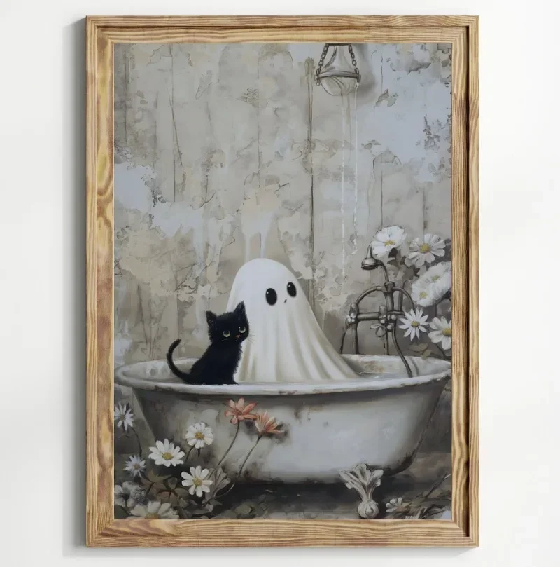 1pc frameless Canvas Painting Ghost and Black Cat Forest Wildflowers Poster Print Pumpkin Canvas Painting Spooky Halloween Art D