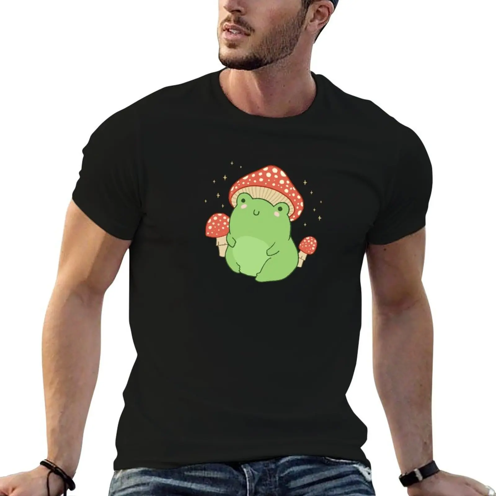 

Kawaii Frog with Mushroom Hat: Cottagecore Aesthetic Froggy, Chubby Toad in Forest Themed Fantasy Toadstools T-Shirt