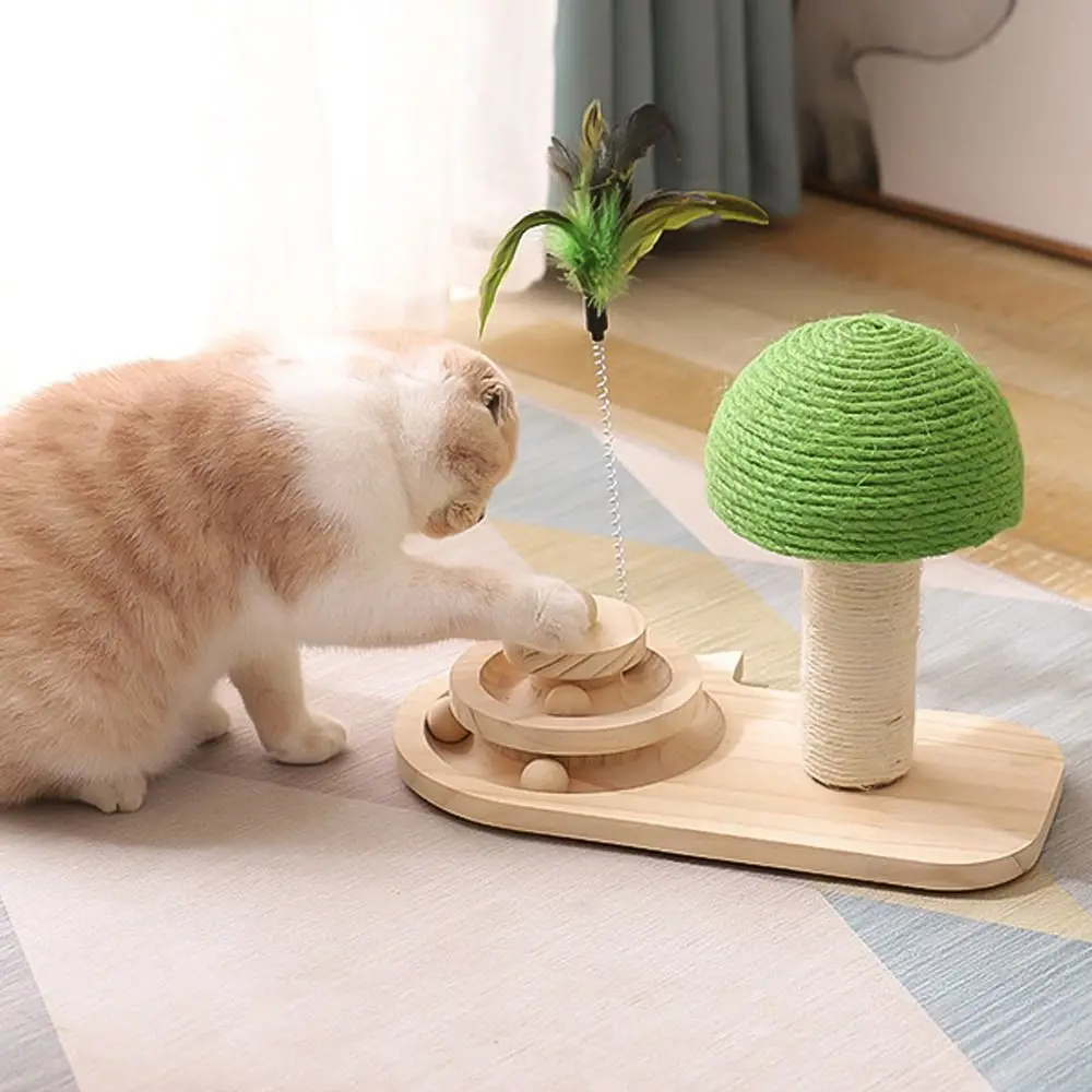 

Funny Cat Scratching Post Sisal Ball Durable Wear-resistant Solid Wood Turntable Toy with Feathers Pet Climb Toy